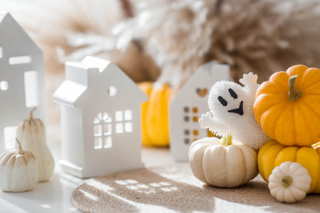 Autumn decor for Halloween. Cute ghost, white houses, and pumpkins. Banner, background for Halloween celebrations.の写真素材