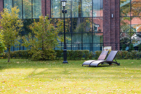 Banner. Two sun loungers on a green lawn in the hotel courtyard. The concept of rest, relaxation,...