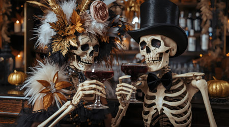 A couple of skeleton lovers with cocktails at the bar. A party in honor of Halloween or the Day of the Dead.の素材