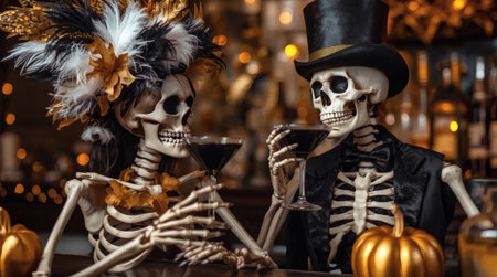 A couple of skeleton lovers with cocktails at the bar. A party in honor of Halloween or the Day of the Dead.の素材