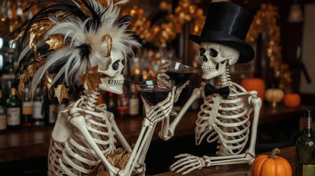 A couple of skeleton lovers with cocktails at the bar. A party in honor of Halloween or the Day of the Dead.の素材