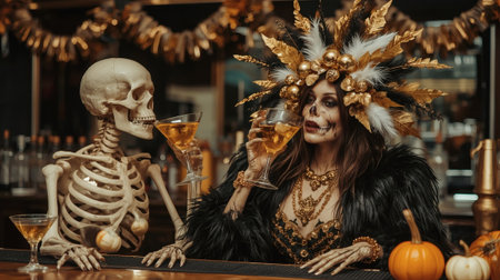 A couple of skeleton lovers with cocktails at the bar. A party in honor of Halloween or the Day of the Dead.の素材