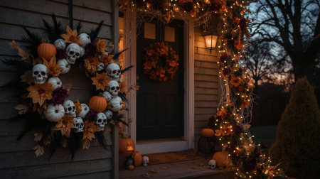 A house decorated for Halloween or the Day of the Dead. A spooky Halloween wreath made of pumpkins, skulls, white and gold autumn leaves, and feathers.の素材