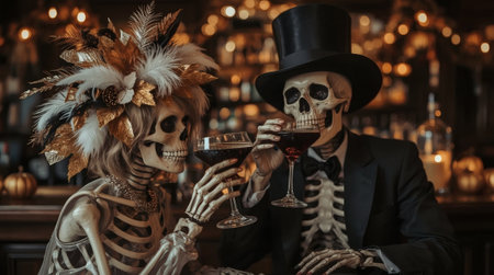 A couple of skeleton lovers with cocktails at the bar. A party in honor of Halloween or the Day of the Dead.の素材