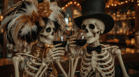 A couple of skeleton lovers with cocktails at the bar. A party in honor of Halloween or the Day of the Dead.の素材