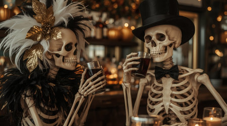 A couple of skeleton lovers with cocktails at the bar. A party in honor of Halloween or the Day of the Dead.の素材