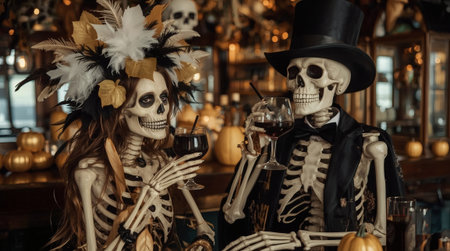 A couple of skeleton lovers with cocktails at the bar. A party in honor of Halloween or the Day of the Dead.の素材