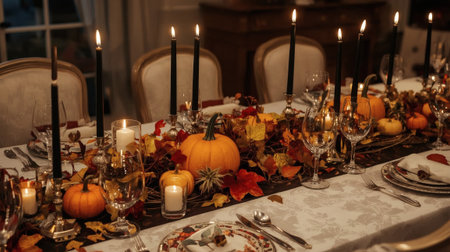 Beautiful autumn table setting with bright pumpkins, flowers, and tableware. A festive concept for autumn, Halloween, or Thanksgiving.の素材