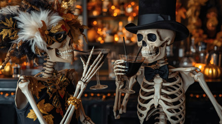 A couple of skeleton lovers with cocktails at the bar. A party in honor of Halloween or the Day of the Dead.の素材