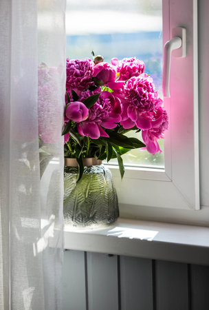 A bouquet of bright pink peonies in a glass vase on the windowsill. Flowers and buds in the vase. Light pink, floral background.の写真素材