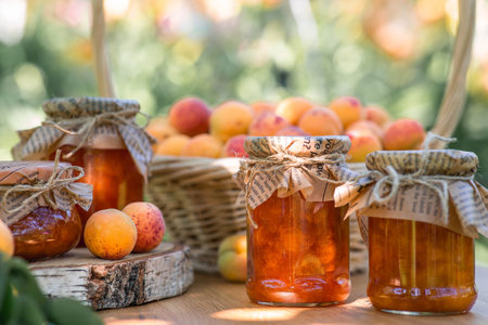 Sweets and fruits. Homemade healthy jelly, apricot jam. Preserving and harvesting in the summer. Preparing jars.の写真素材