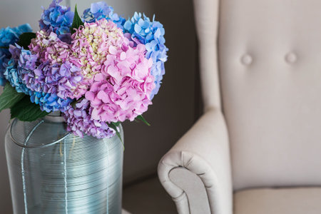 Multicolored hydrangeas in the interior of a cozy living room. A bouquet of garden plants. A landscape design concept for a house.の写真素材