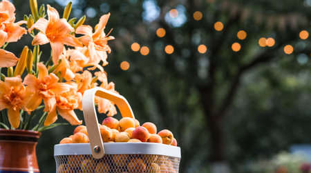 A basket full of apricots on a table in the garden next to a vase of orange lilies. A harvest of fruit.の写真素材