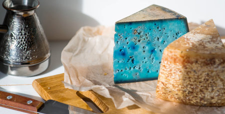 Fresh farm products. A piece of blue and yellow, fresh, aged, natural farm cheese with lavender and nuts on a wooden board.の写真素材