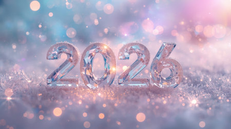 Banner. Crystal, icy numbers 2026 on a snowy background with a beautiful bokeh. Flyer. Happy New Year and Merry Christmas.の素材