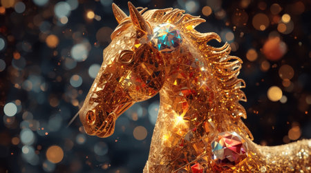 Happy New Year 2026. The symbol of the year is a golden, shiny red fire horse. A luxurious poster or banner for your party and New Year's Eve.の素材