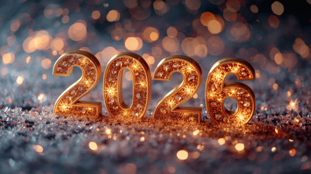Banner. Shiny, golden numbers 2026 and a beautiful bokeh on a dark background. Happy New Year and Merry Christmas.の素材