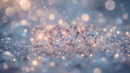 Banner. Crystal, icy numbers 2026 on a snowy background with a beautiful bokeh. Flyer. Happy New Year and Merry Christmas.の素材