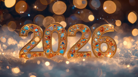 Banner. Shiny, golden numbers 2026 and a beautiful bokeh on a dark background. Happy New Year and Merry Christmas.の素材