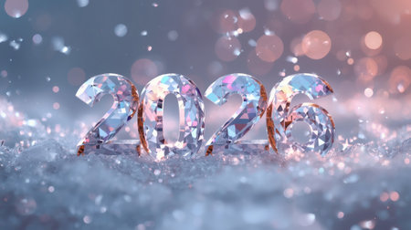 Banner. Crystal, icy numbers 2026 on a snowy background with a beautiful bokeh. Flyer. Happy New Year and Merry Christmas.の素材