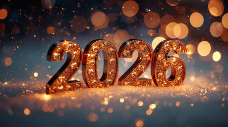 Banner. Shiny, golden numbers 2026 and a beautiful bokeh on a dark background. Happy New Year and Merry Christmas.の素材