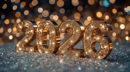 Banner. Shiny, golden numbers 2026 and a beautiful bokeh on a dark background. Happy New Year and Merry Christmas.の素材