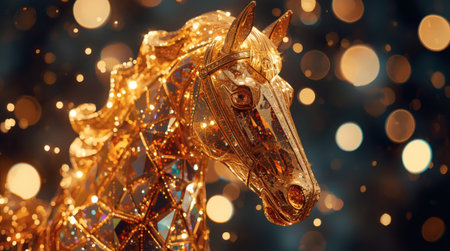Happy New Year 2026. The symbol of the year is a golden, shiny red fire horse. A luxurious poster or banner for your party and New Year's Eve.の素材