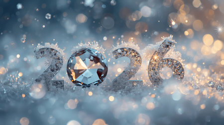 Banner. Crystal, icy numbers 2026 on a snowy background with a beautiful bokeh. Flyer. Happy New Year and Merry Christmas.の素材