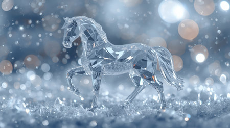 Banner. A crystal, ice horse on a snowy background. The symbol of 2026. Happy New Year and Merry Christmas.の素材