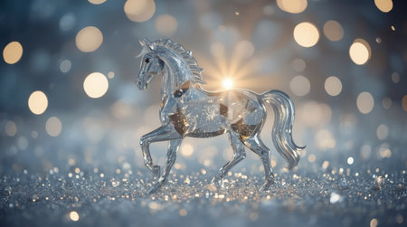 Banner. A crystal, ice horse on a snowy background. The symbol of 2026. Happy New Year and Merry Christmas.の素材
