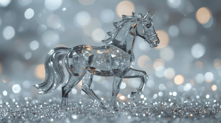 Banner. A crystal, ice horse on a snowy background. The symbol of 2026. Happy New Year and Merry Christmas.の素材