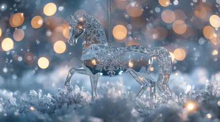 Banner. A crystal, ice horse on a snowy background. The symbol of 2026. Happy New Year and Merry Christmas.の素材