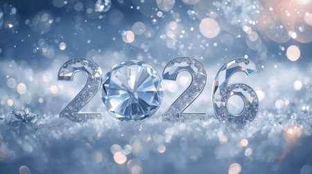 Banner. Crystal, icy numbers 2026 on a snowy background with a beautiful bokeh. Flyer. Happy New Year and Merry Christmas.の素材