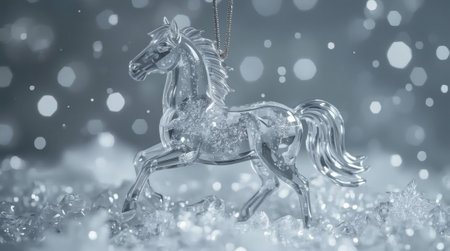 Banner. A crystal, ice horse on a snowy background. The symbol of 2026. Happy New Year and Merry Christmas.の素材