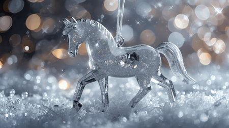 Banner. A crystal, ice horse on a snowy background. The symbol of 2026. Happy New Year and Merry Christmas.の素材