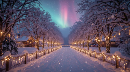 Winter landscape. A snow-covered road with houses, festive lighting from garlands, and the northern lights. Happy New Year 2026 and Merry Christmas.の素材