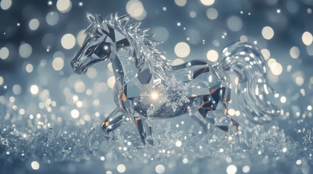 Banner. A crystal, ice horse on a snowy background. The symbol of 2026. Happy New Year and Merry Christmas.の素材