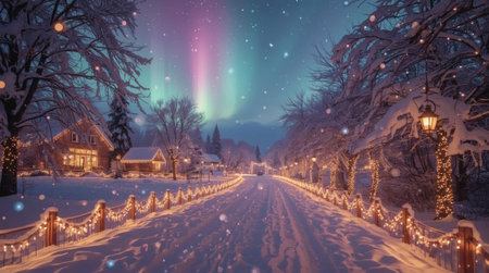 Winter landscape. A snow-covered road with houses, festive lighting from garlands, and the northern lights. Happy New Year 2026 and Merry Christmas.の素材
