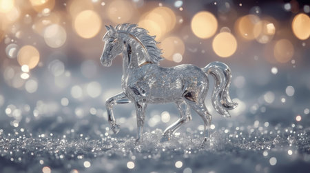 Banner. A crystal, ice horse on a snowy background. The symbol of 2026. Happy New Year and Merry Christmas.の素材