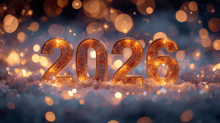 Banner. Shiny, golden numbers 2026 and a beautiful bokeh on a dark background. Happy New Year and Merry Christmas.の素材