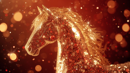 Happy New Year 2026. The symbol of the year is a golden-red fire horse. A luxurious poster or banner for your party and New Year's Eve.の素材