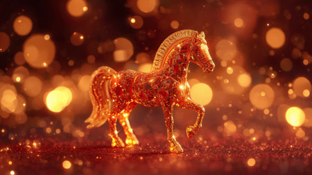 Happy New Year 2026. The symbol of the year is a golden-red fire horse. A luxurious poster or banner for your party and New Year's Eve.の素材