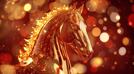 Happy New Year 2026. The symbol of the year is a golden-red fire horse. A luxurious poster or banner for your party and New Year's Eve.の素材