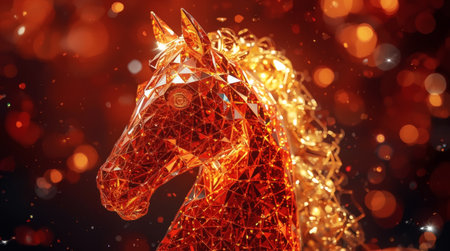 Happy New Year 2026. The symbol of the year is a golden-red fire horse. A luxurious poster or banner for your party and New Year's Eve.の素材