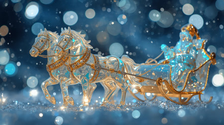Happy New Year 2026. Symbol of the year. Horses pulling a sleigh with Santa Claus. A luxurious poster or banner for a party and New Year's Eve.の素材