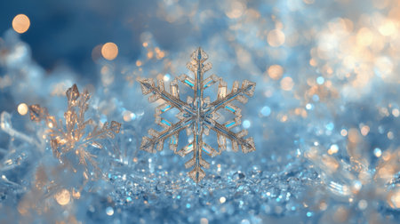 Banner. A crystal, ice snowflake on a snowy background. The symbol of 2026. Happy New Year and Merry Christmas.の素材