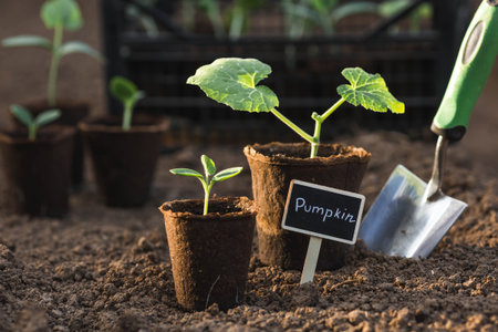 A sign with the inscription pumpkin. The shoulder blade and pumpkin seedlings are planted in the ground. The concept of spring planting of vegetables and farming.の写真素材