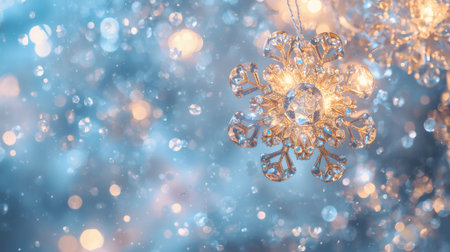 Banner. A crystal, ice snowflake on a snowy background. The symbol of 2026. Happy New Year and Merry Christmas.の素材