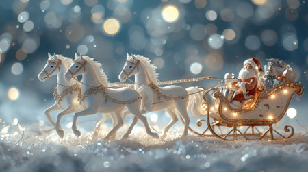 Symbol of the year. Horses pulling a sleigh with Santa Claus. A luxurious poster or banner for a party and New Year's Eve. Happy New Year 2026.の素材