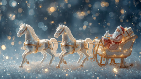Symbol of the year. Horses pulling a sleigh with Santa Claus. A luxurious poster or banner for a party and New Year's Eve. Happy New Year 2026.の素材